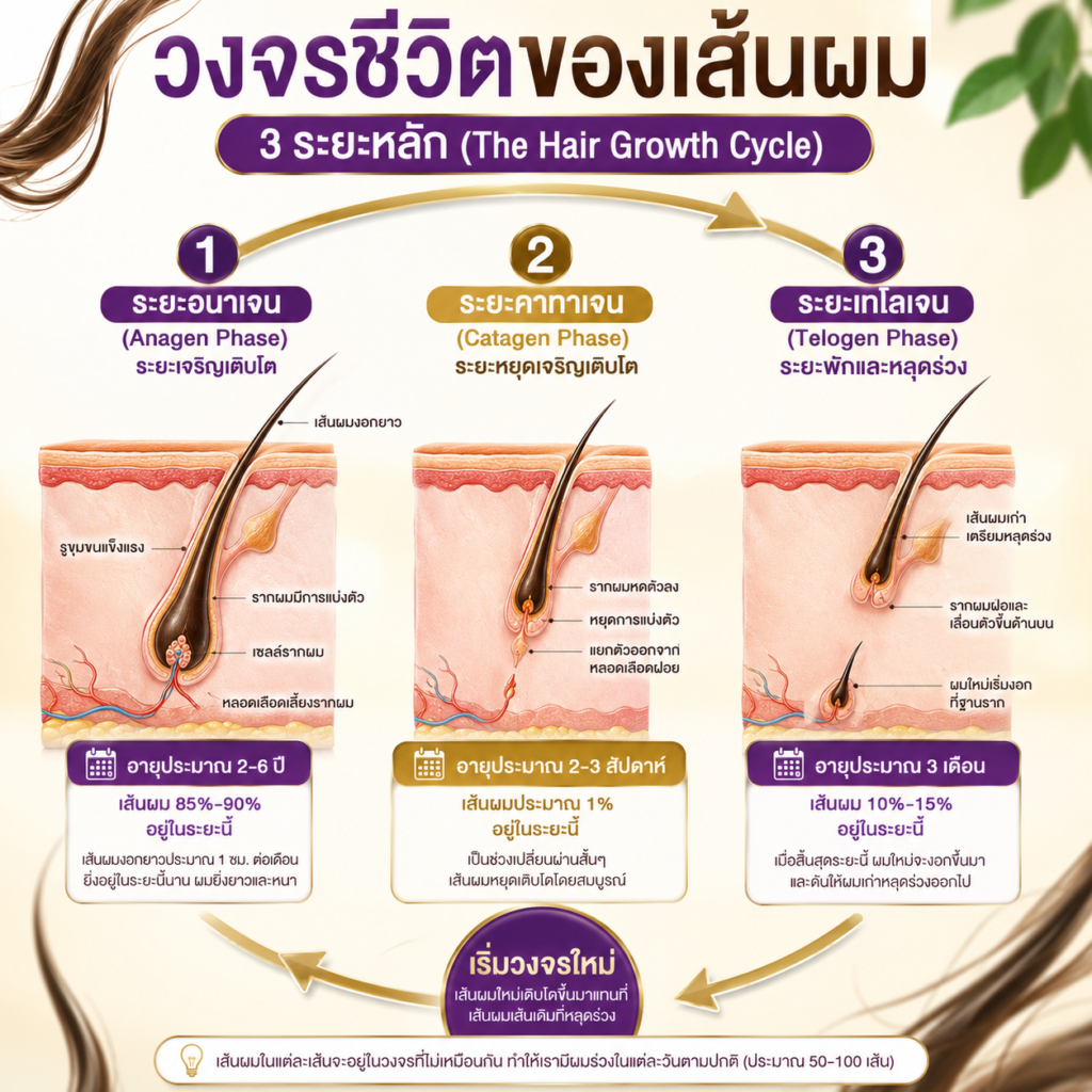 วงจรชีวิตของเส้นผม 3 ระยะหลัก (The Hair Growth Cycle)